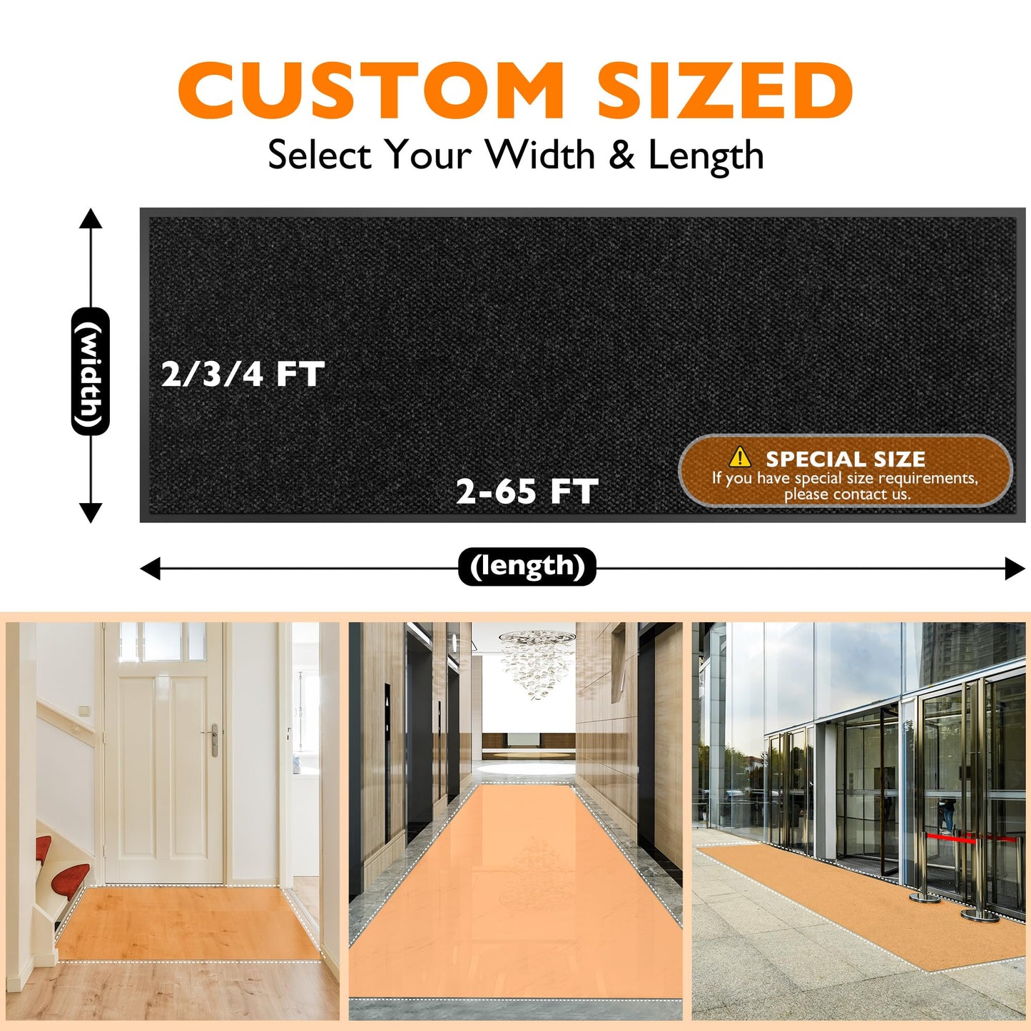 Custom Size Extra Large Front Door Mat, 3FT x 5FT Indoor Outdoor Entrance Commercial Floor Mat, Heavy Duty Dirt Trapper Doormat for Entryway Welcome Mat, Low Profile, Non-Slip, Waterproof
