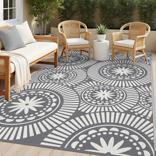 Ileading Outdoor Patio Rug Waterproof, Reversible Plastic Straw Mat, Grey Geometric Outside Carpet Quick Dry, Portable Area Rug for Deck Porch Balcony Camping RV (6×9 ft)