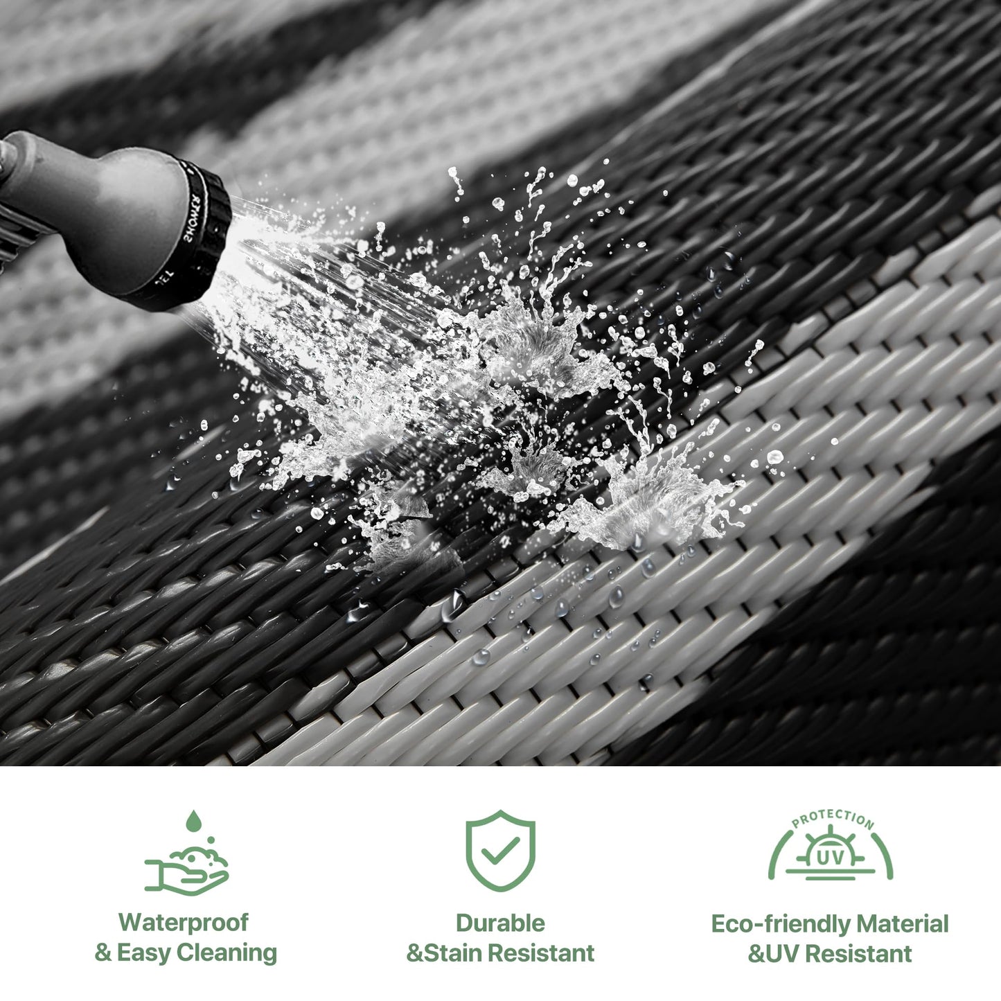GENIMO Outdoor Rug Waterproof 6'x9' for Patio, Foldable Reversible Plastic Straw Carpet for Travel Trailers, Outside Area Mat for Rv, Deck, Picnic, Porch, Camper, Balcony, Beach, Black & Grey
