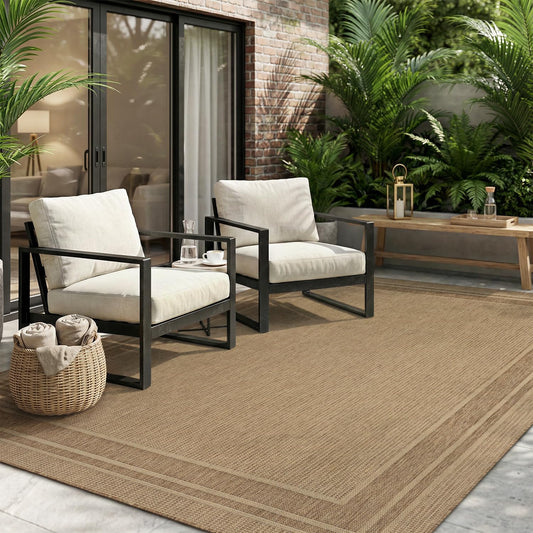 MontVoo-Outdoor Rug-Patio Rug 5x7 ft Polypropylene Indoor Outdoor Rugs Outdoor Carpet for Patio Deck Balcony Porch, Textured Weave, Durable for High Traffic, Fade-Resistant, Modern Neutral Brown