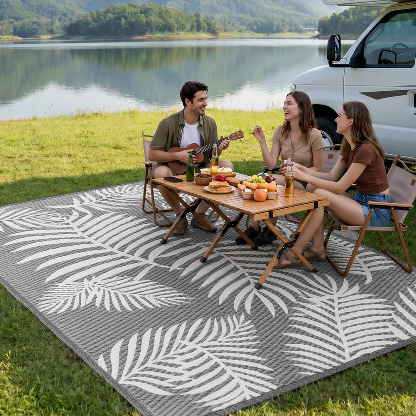 Kohree Outdoor Rug 9x12 Reversible, Waterproof Outdoor Plastic Straw Rug RV Patio Mat, Non-Slip Easy-Cleaning RV Outdoor Mat Carpet for Deck, Patio, Camping, Balcony, Deck, Backyard (Grey & White)