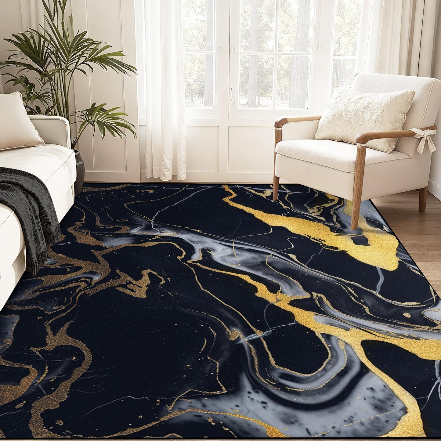 VTKON 6' x 9' Black Gold Rug for Living Room Marble Area Rug Modern Marbling Rugs for Teens Adults Non-Slip Washable Carpet Marbled Floor Mat for Dining Room Bedroom Dorm Marble Black Gold Rugs