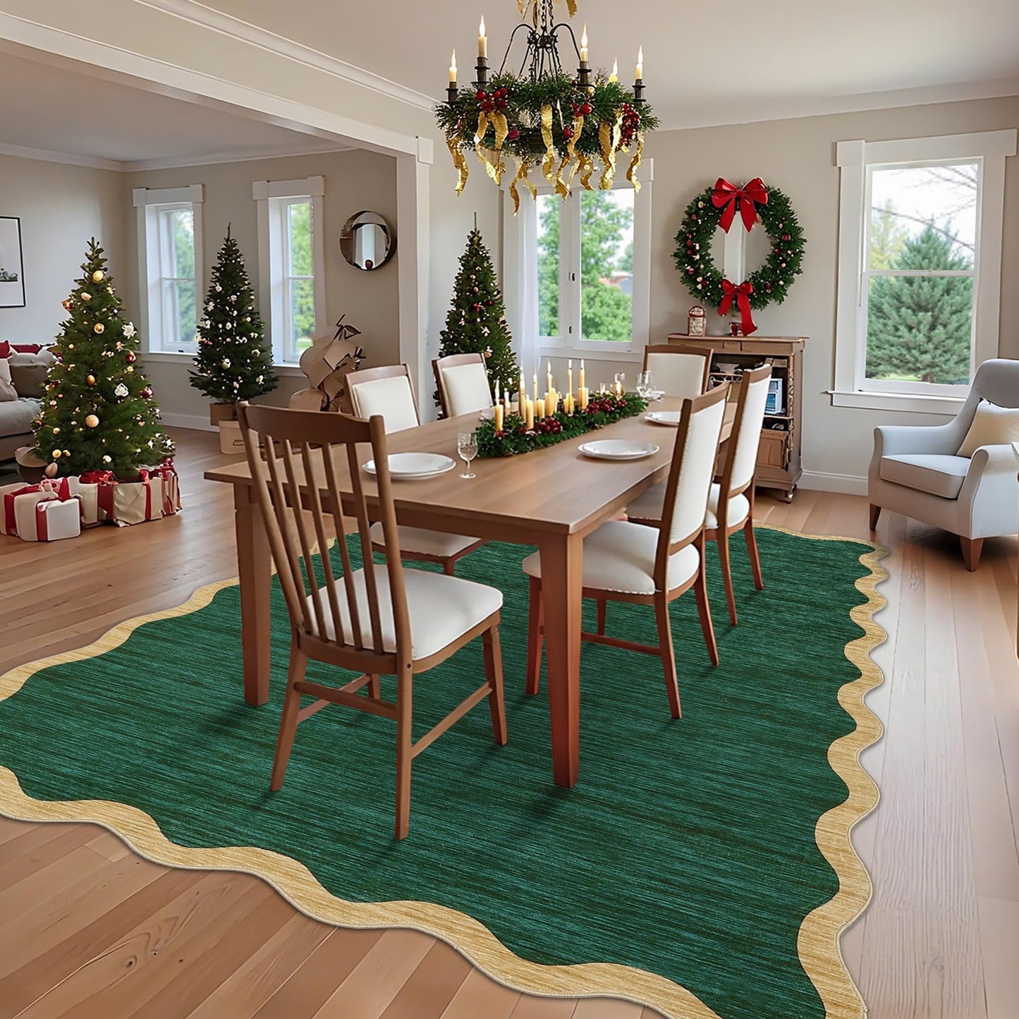 GarveeHome Washable Rug 9x12 Area Rug for Bedroom Farmhouse Scalloped Living Room Rug Non Slip Large Area Rug Low Pile Throw Rugs Stain Resistant Carpet for Dining Room, Green 9 ft x12 ft