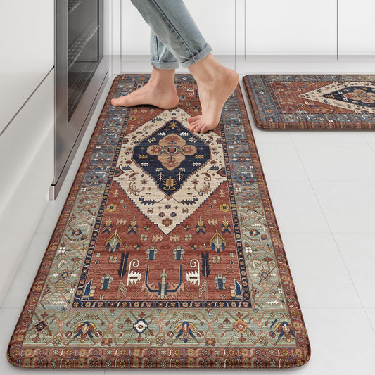 KIMODE Farmhouse Kitchen Mats, Anti Fatigue Kitchen Rugs Sets of 2, Non Slip Waterproof Kitchen Floor Mats, Ergonomic Cushioned Comfort Standing Mat, Red Laundry Room Rug for Office, Sink, Desk