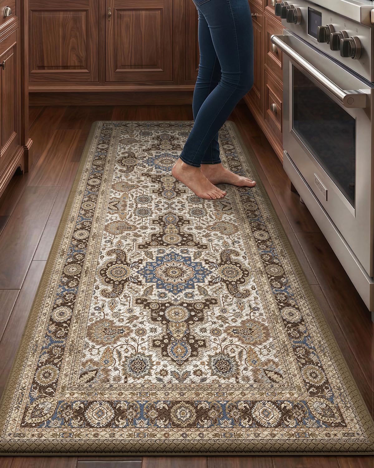 LUMI Kitchen Mat Anti Fatigue Cushioned, Memory Foam Padded Standing PVC Rug Washable, Non Slip Comfort Floor Runner for Home, Sink, Laundry, Office, 24"x87", Ivory Brown