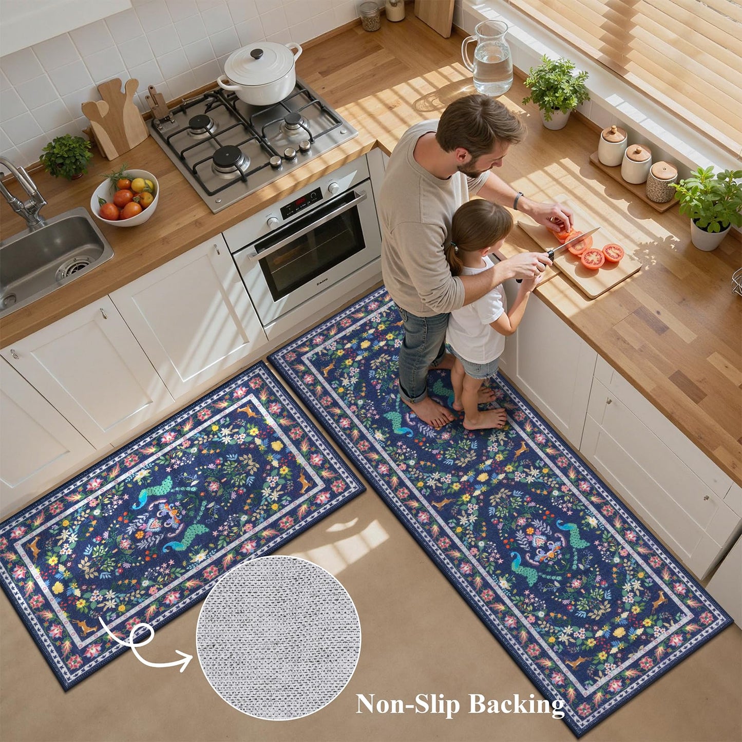HEBE Washable Kitchen Rugs Sets of 3, Non Slip Absorbent Kitchen Rugs and Mats, Farmhouse Stain Resistant Kitchen Mat Carpet Runner for Kitchen Floor, Laundry Room, Hallway