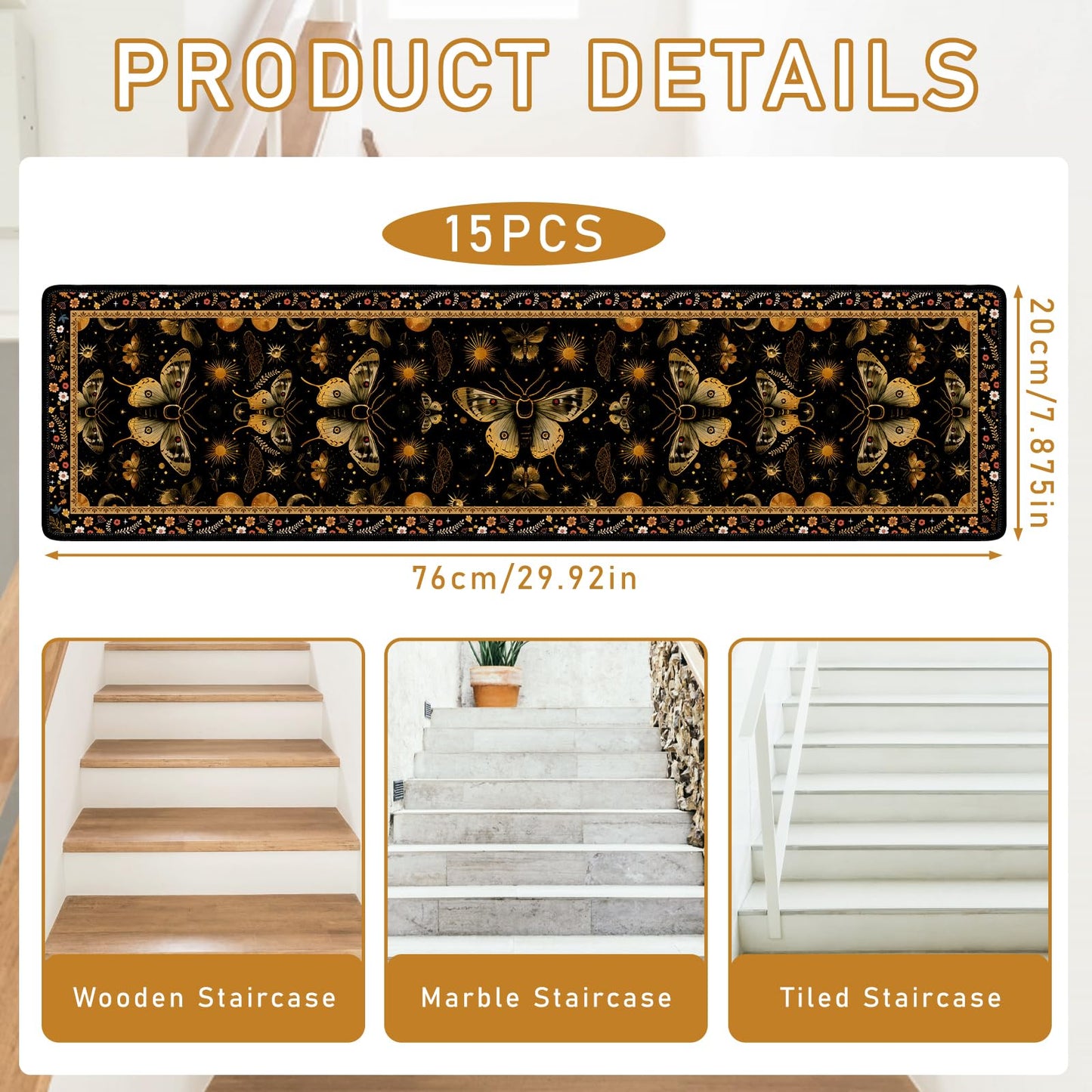 InIsaJace Stair Treads for Wooden Steps, 15 Pack Moth Stair Runners Covers Non Slip Indoor 8" X 30", Washable Carpet Rugs with Silicone Backing for Kids Elders and Dogs