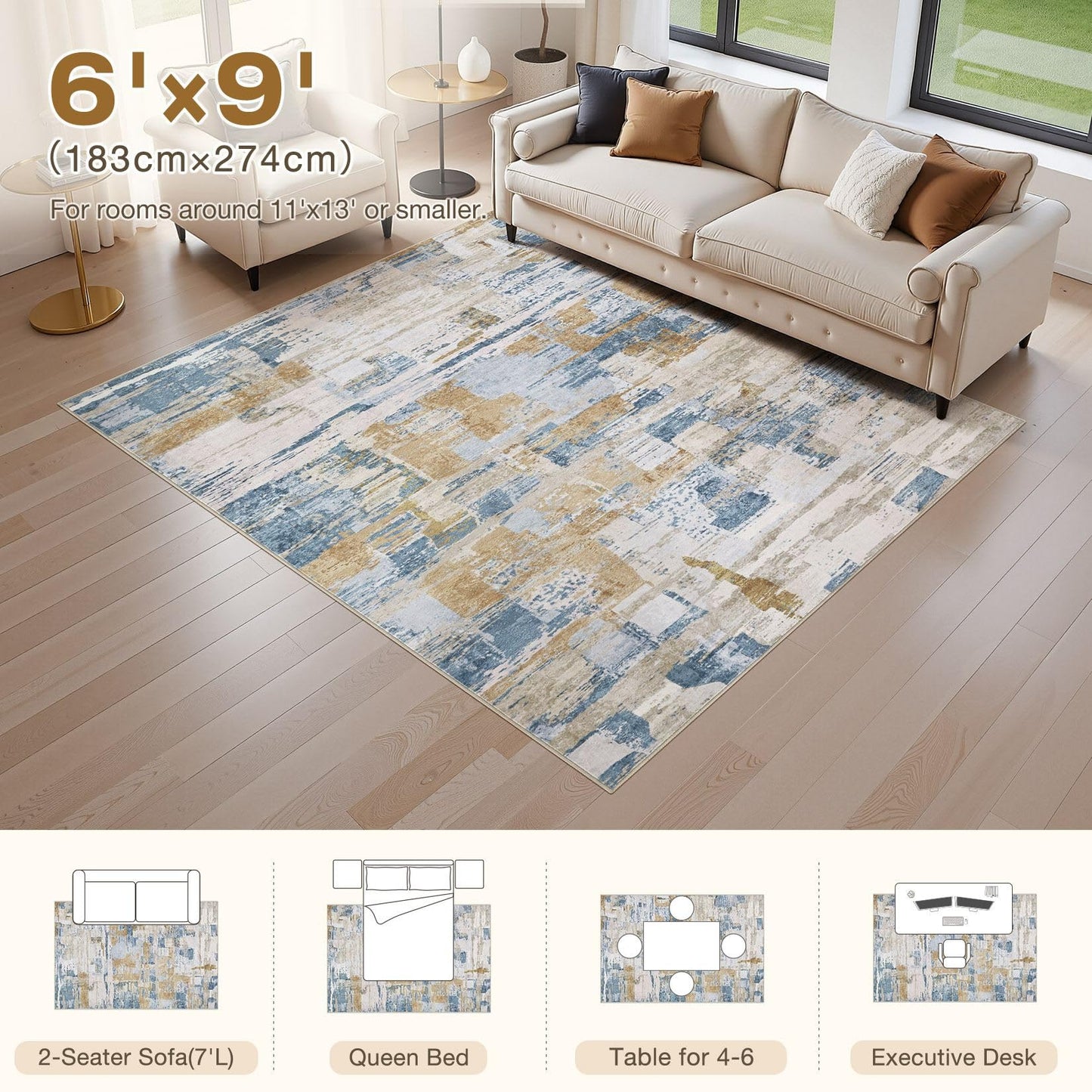 kakania 6x9 Washable Area Rug - Abstract Soft Non-Slip Modern Low-Pile Carpet for Living Room Bedroom Office Dorm, Kid Pet Safe Robot Vacuum Friendly - Blue