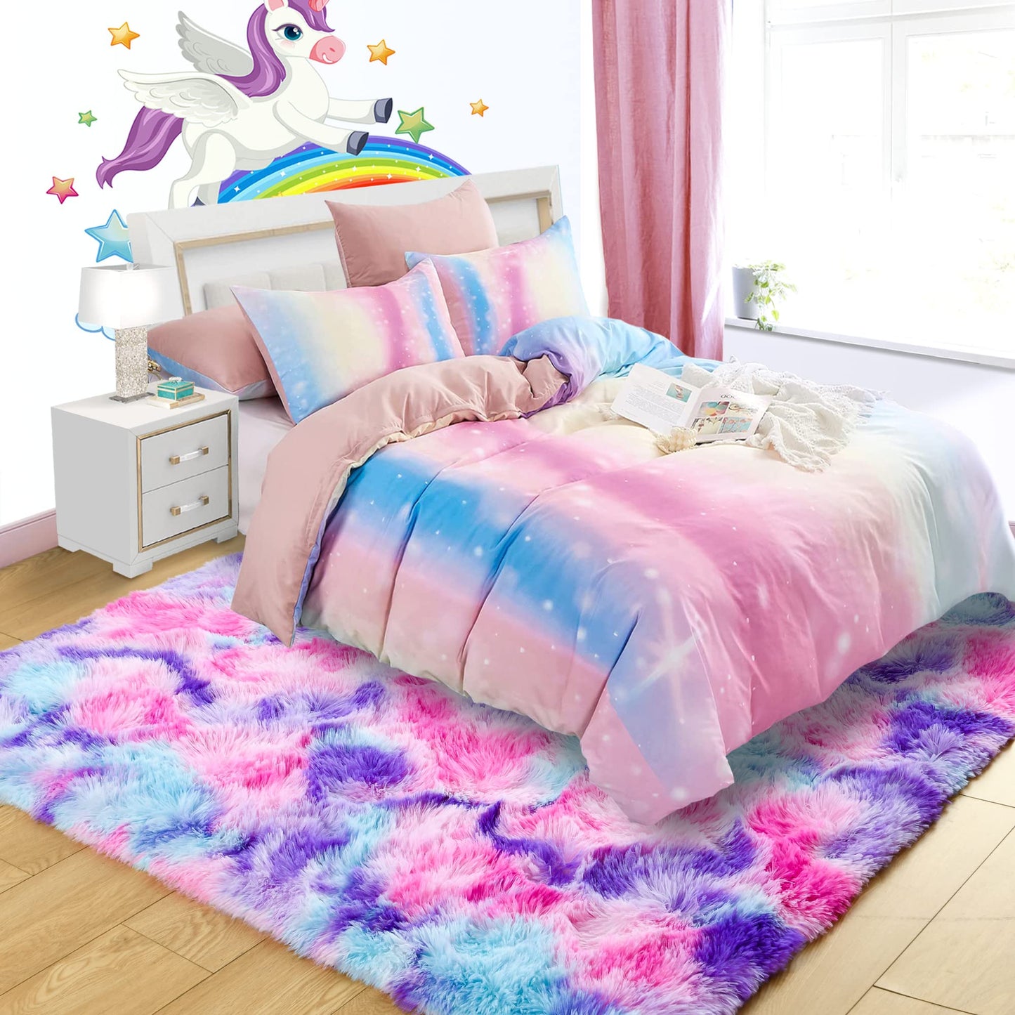 5x7 Large Tie-Dyed Pink Purple Blue Area Rug for Kids Living Room Bedroom, Fluffy Shag Soft Plush Furry Carpet, Non-Slip Indoor Floor Mat for Dining Room Home Decor