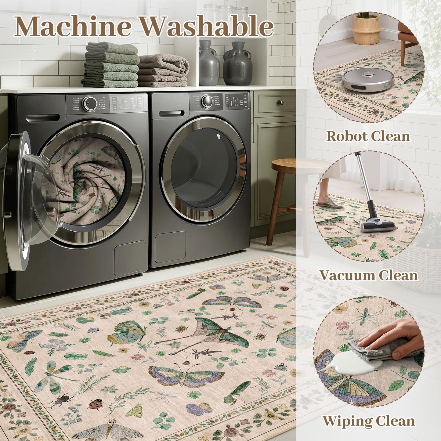 5x7 Washable Area Rug with Insect Print - Bug Rug Non-Shedding Stain Resistant Soft Carpet for Bedroom, Low Pile Ultra-Thin Machine Washable Carpet for Dining Room, Kids Nursery, Office (5'x7' Beige)