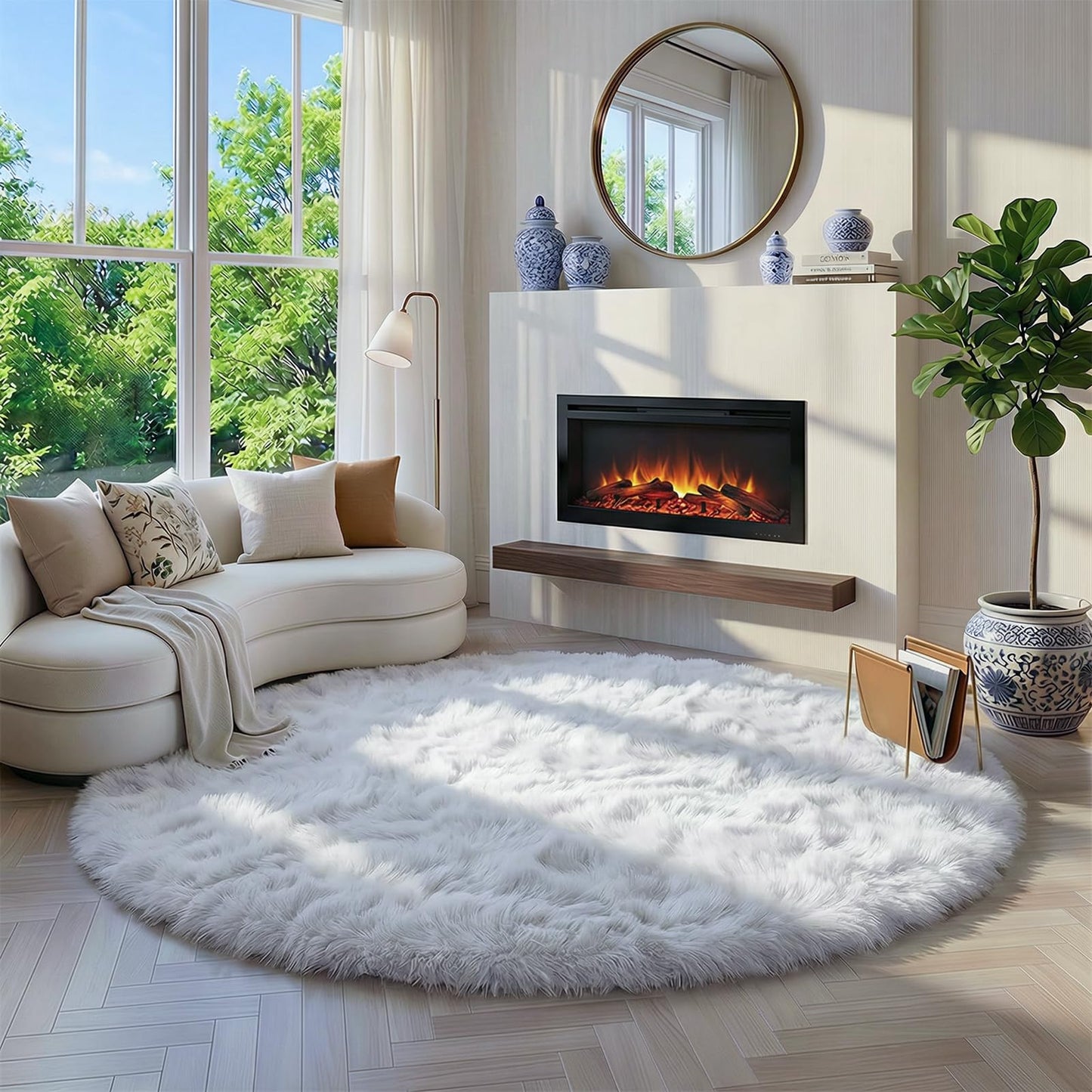 Amdrebio White Fluffy Round Rug 4Ft for Bedroom Aesthetic, Fuzzy Fur Circle Area Rugs for Living Room, Soft Plush Shaggy Shag Carpet for Nursery Dorm, Cute Kids Room Decor for Baby Toddler Teen Girls