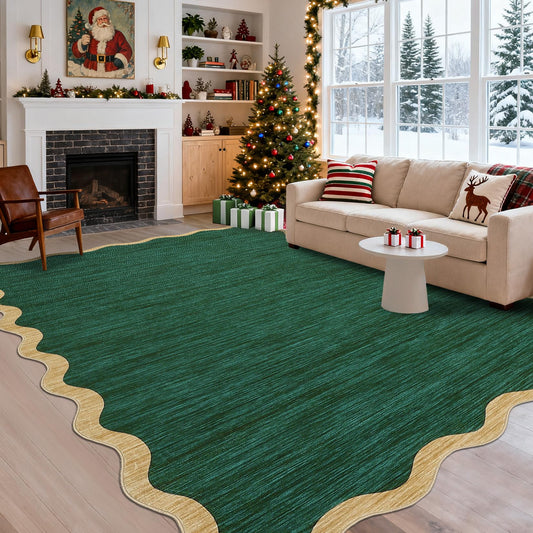 GarveeHome Washable Rug 9x12 Area Rug for Bedroom Farmhouse Scalloped Living Room Rug Non Slip Large Area Rug Low Pile Throw Rugs Stain Resistant Carpet for Dining Room, Green 9 ft x12 ft