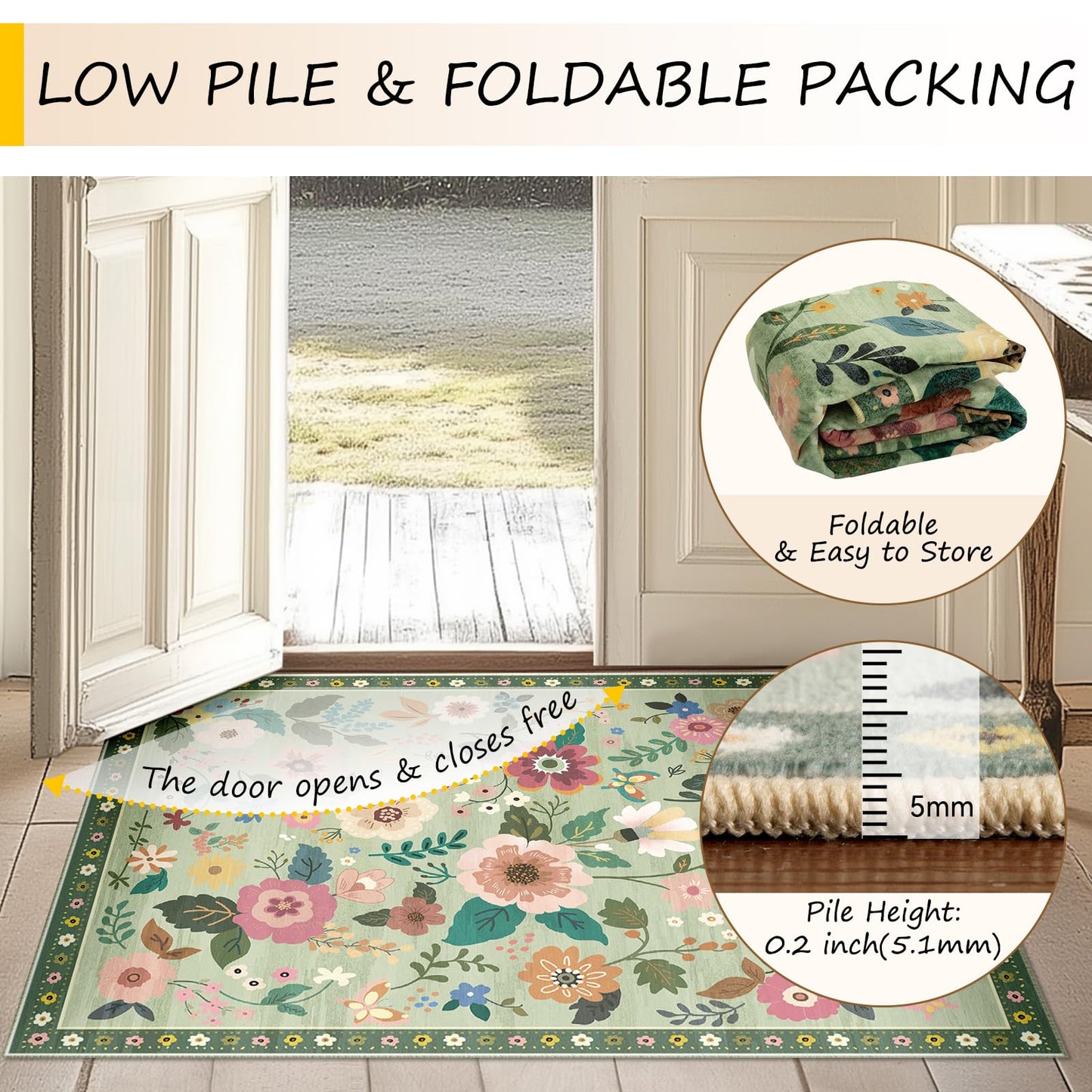 RELEANY Floral 5x7 Area Rugs Washable Print Boho Cute Carpet Non Slip Flower Low Pile for Living Room Bedroom Kitchen Office Farmhouse-Light Green