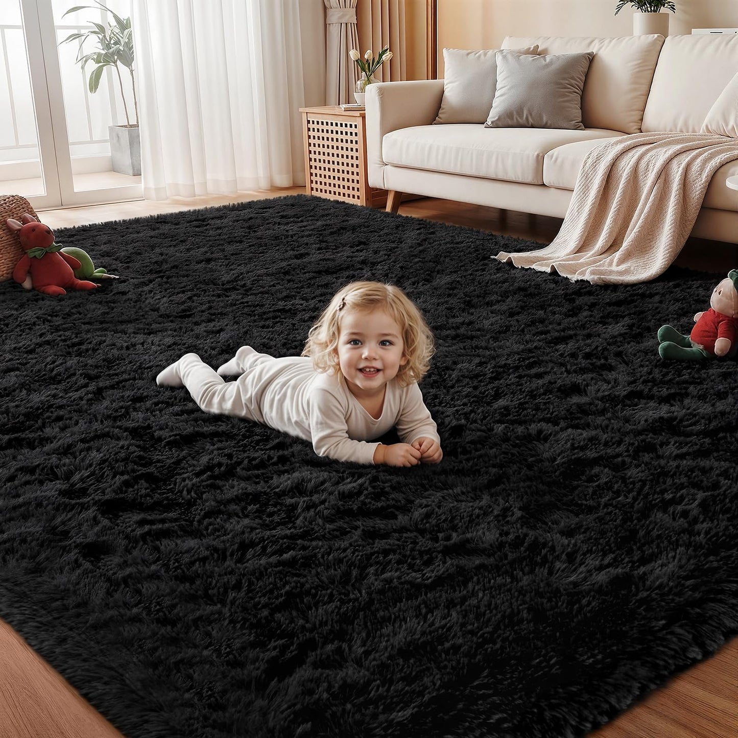 Area Rug for Living Room Bedroom: 5x7 Soft Fluffy Shag Rugs Upgrade Non-Slip High Pile Carpet Large Fuzzy Plush Indoor Floor Shaggy Carpets for Nursery Kid Playroom Office Dorms Home Decor Black