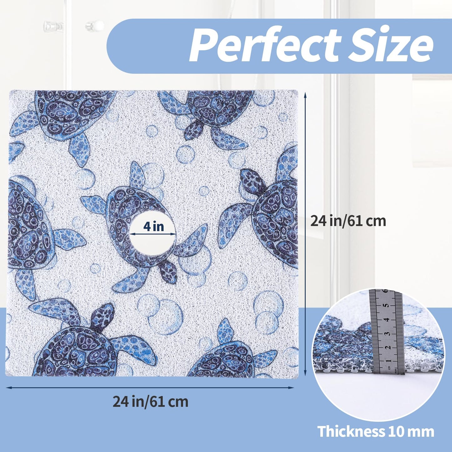 Hombys Non Slip Shower Mat - 24x24 in, Drain Hole, Secure, PVC Loofah, Boho Style