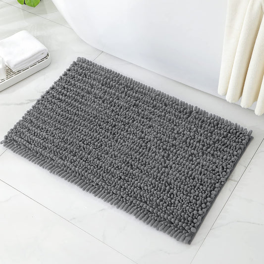 HOMEIDEAS Bathroom Rug 20x32 inch, Striped Chenille Super Soft and Absorbent Bath Mat with Non Slip Pad, Grey
