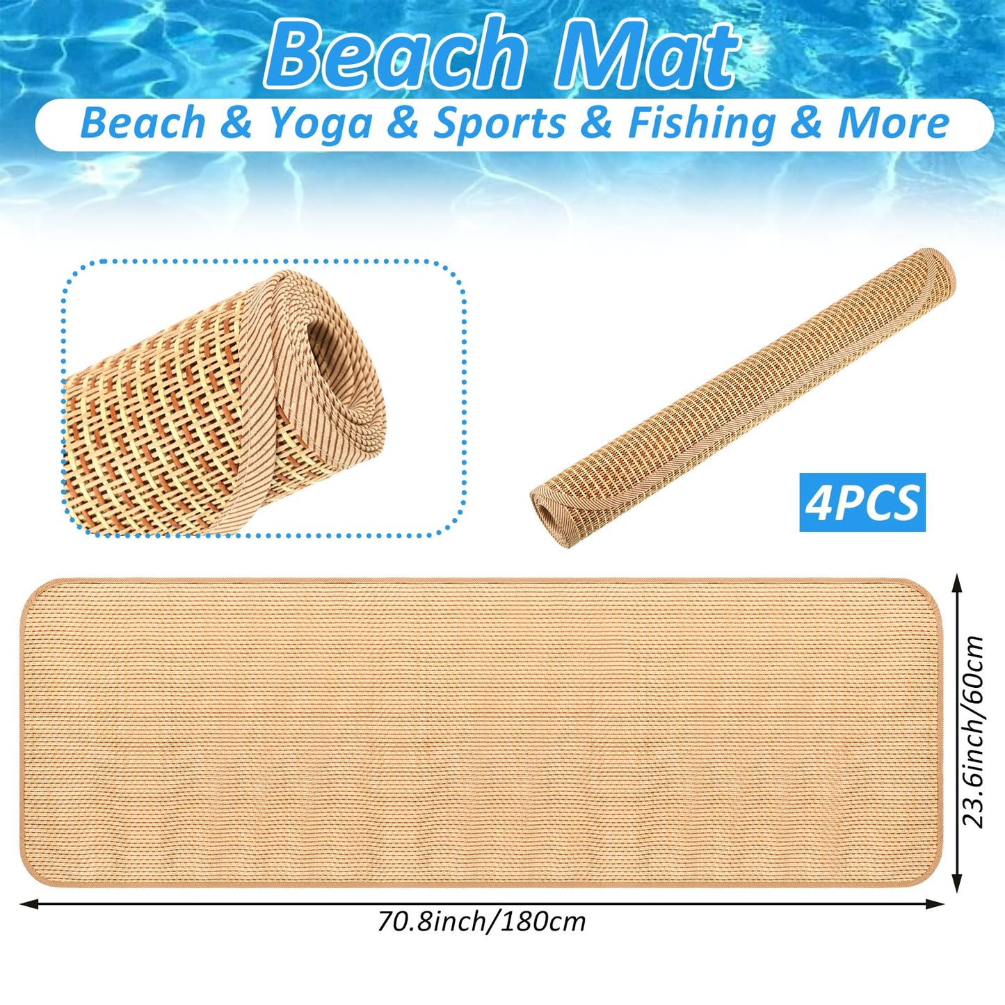 Sibosen 4 Packs Straw Beach Mat 20 * 70 inch Waterproof Non Slip Straw Mat Foldable Lightweight Picnic Mat for Camping Sunbathing Picnic Floor Yoga