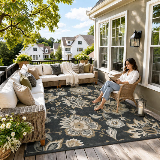 Lahome Floral Indoor Outdoor Rugs, 6x9ft Non Slip Outdoor Patio Rug for Deck Backyard, Soft Outdoor Area Rug for Camping Picnic Backyard, Washable RV Outdoor Rugs for Living Room Bedroom,Black
