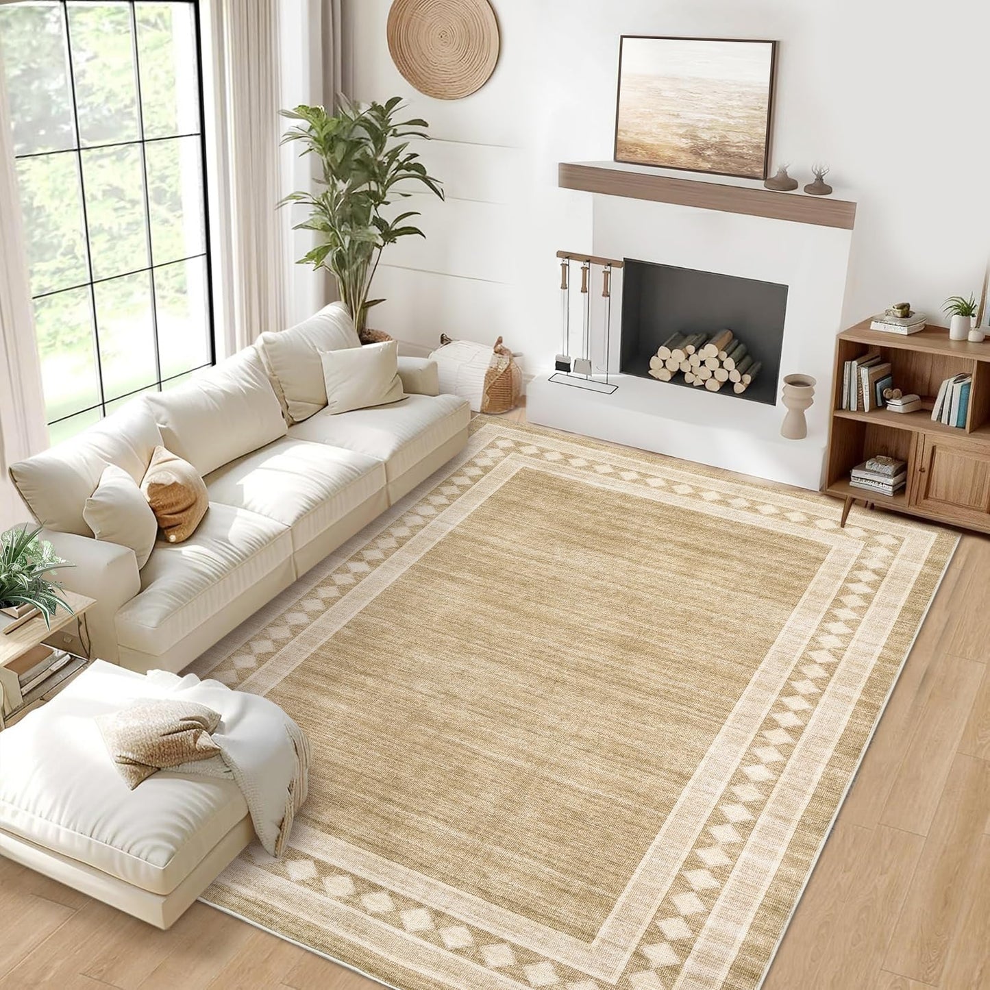 GlowSol Washable 6x9 Rugs Solid Bordered Area Rug for Living Room Bedroom, Soft Geometric Neutral Throw Rug Non Slip Low Pile Stain-Resistant Carpet for Dining Room Table Home Office,Jute Color