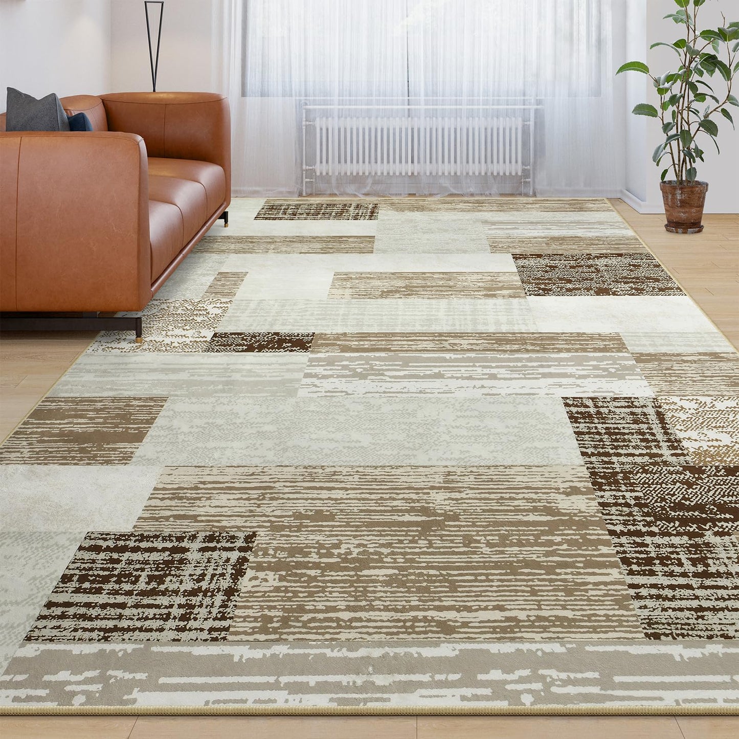 Large Area Rugs,Modern Geometric Patchwork Floor Decor for Bedroom Aesthetic Carpet, Rockwood Collection, Indoor Rugs for Living Room, Dining Room, Nursery, Office, Machine Washable Rug,4x6 Ft Beige