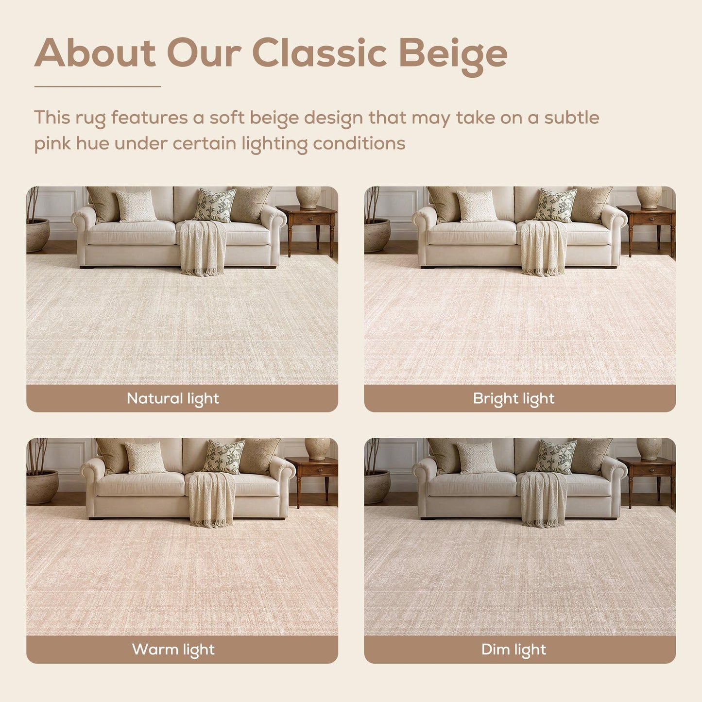 Nakagishi 9x12 Area Rugs Living Room: Washable Large Vintage Rug Neutral Non-Slip Soft Stain Resistant Indoor Carpet for Bedroom Nursery Dining Room Office Playroom - Beige