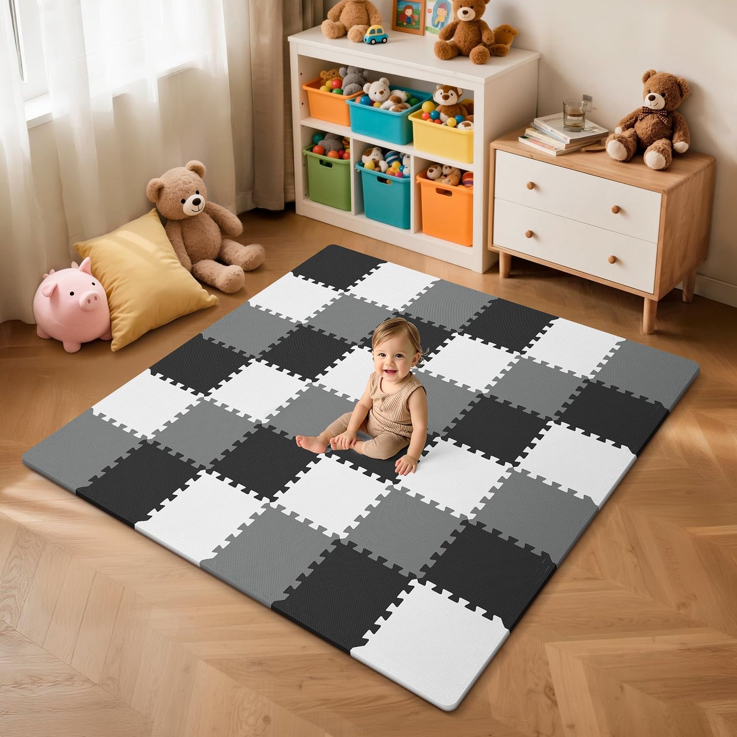 36Pcs Baby Play Mat for Floor, Foam Floor Tiles for Kids with Interlocking, Squares Foam Puzzle Carpet for Playroom,Crawling Rug for Babies 6-12 Months,Toddlers,11.8*11.8*0.6In Each (Gray-black-white)