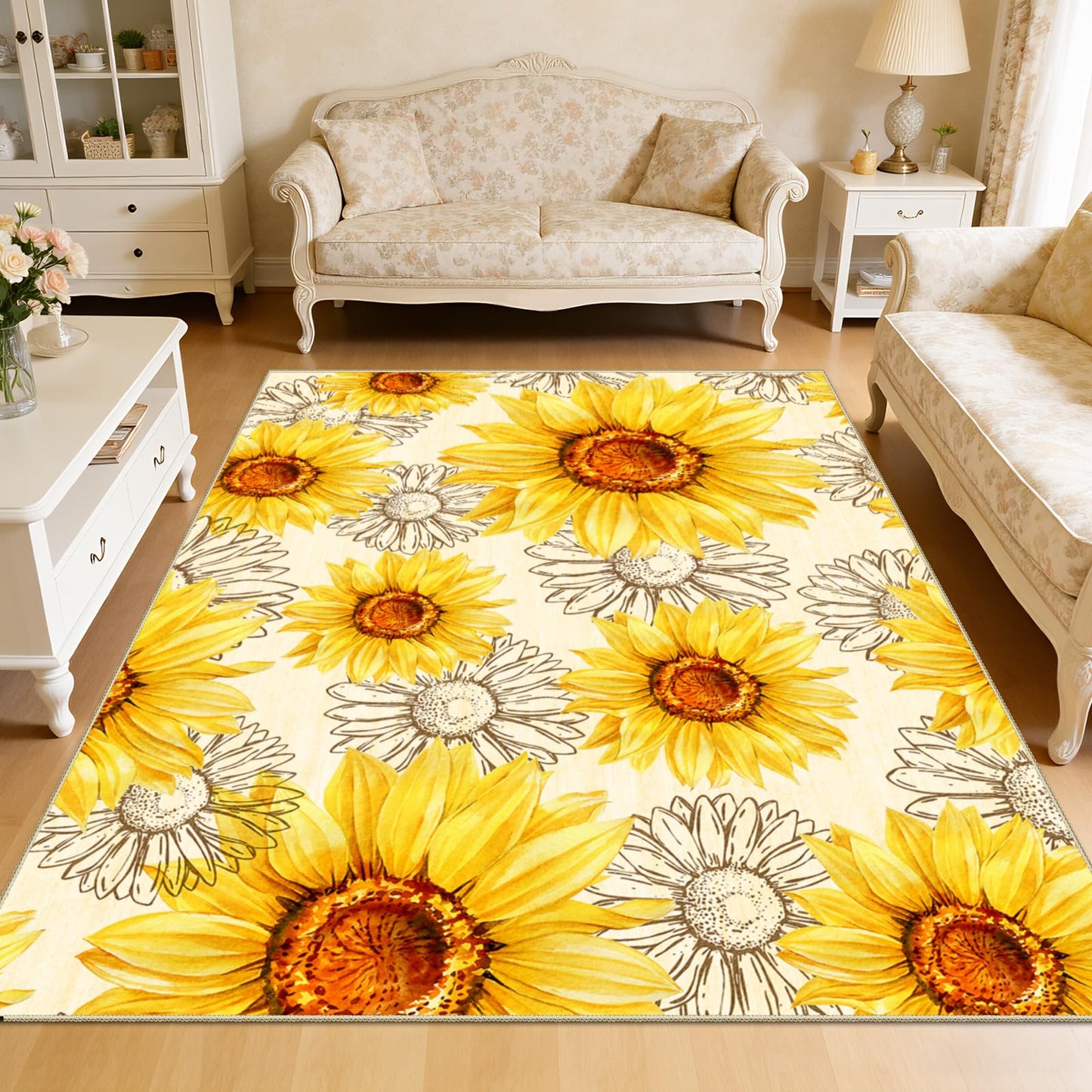AooHHooA Sunflower Rug 5x7 Rustic Floral Rug with Non-Slip Backing Low Pile Washable Area Rugs for Living Room Bedroom Dining Room