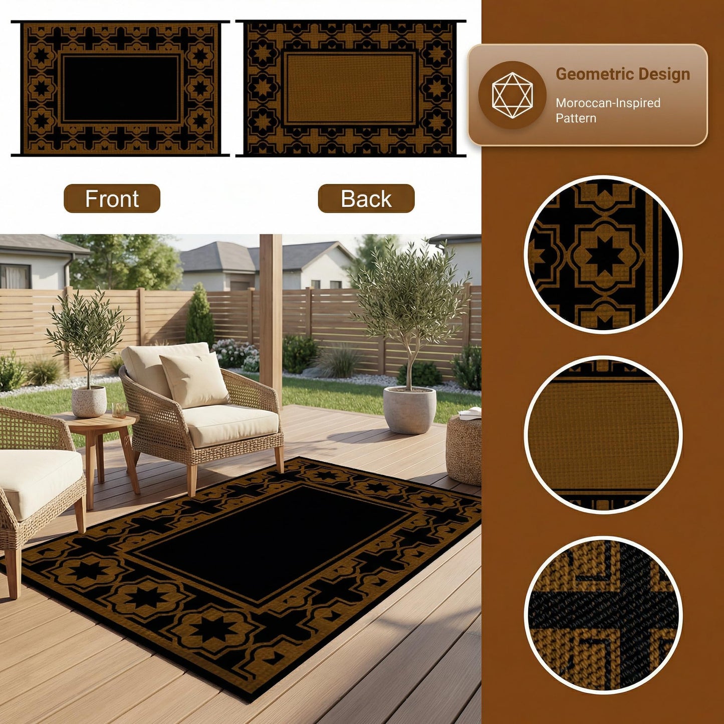 Haoyunll Outdoor Rug Geometric Black Brown 9x12 Waterproof, Extra Large Reversible Plastic Straw Outdoor Patio Rug 0.13" Thick for Backyard, Patio