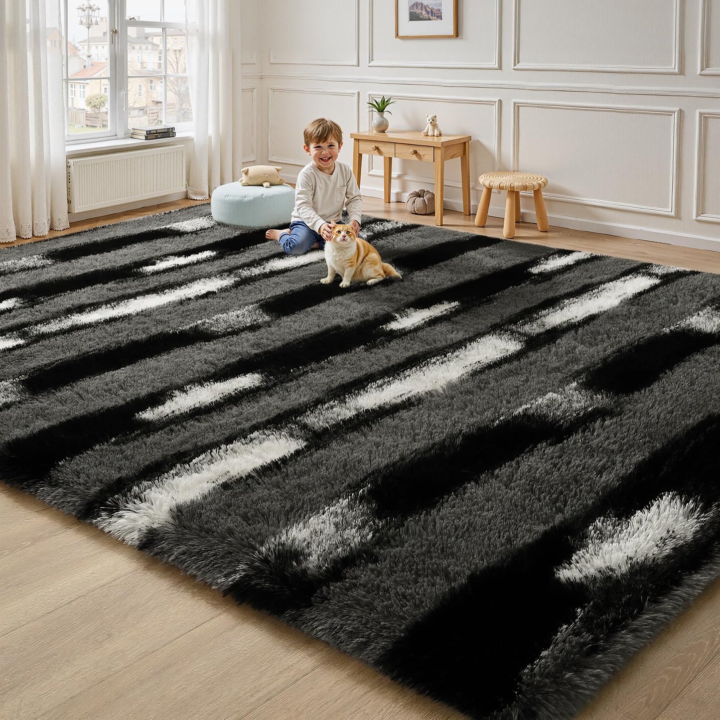 FALARK Fluffy Area Rugs for Bedroom Living Room, 4x6 Black and Grey Soft Plush Striped Rug, Modern Indoor Non Slip Washable Carpet, Furry Throw Carpets for Home Decor