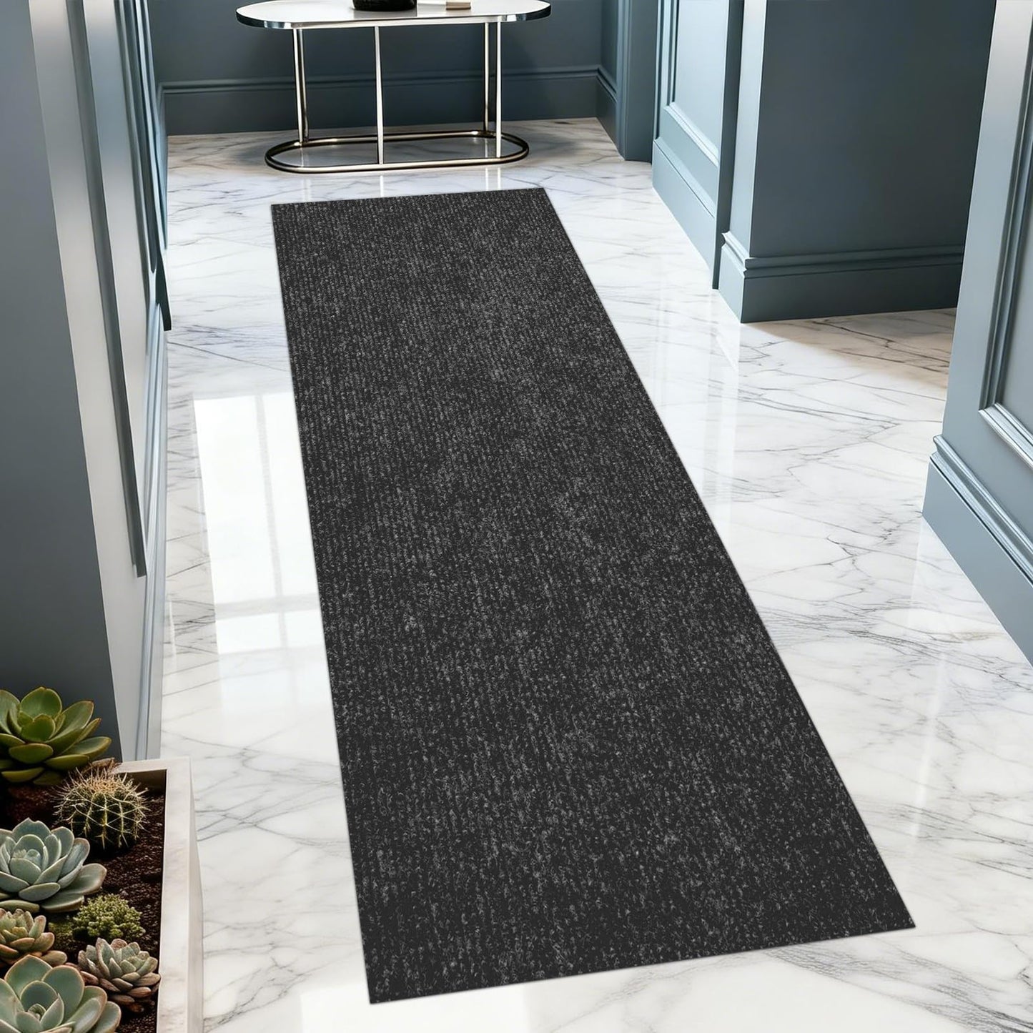 Extra Long 3x10 ft Runner Rug for Hallway, Non-Slip Indoor Outdoor Carpet with TPR Backing, Durable Waterproof Mat for Kitchen, Patio, Balcony, Garage, Deck, Entryway, Stair, Black Fine Stripes