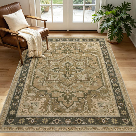 Joydeco Vintage 5x7 Washable Rug for Living Room, Boho Brown Rugs for Bedroom Aesthetic Non Slip, Distressed Medallion Indoor Floor Carpet Runner for Dining Room Home Office Guest Room