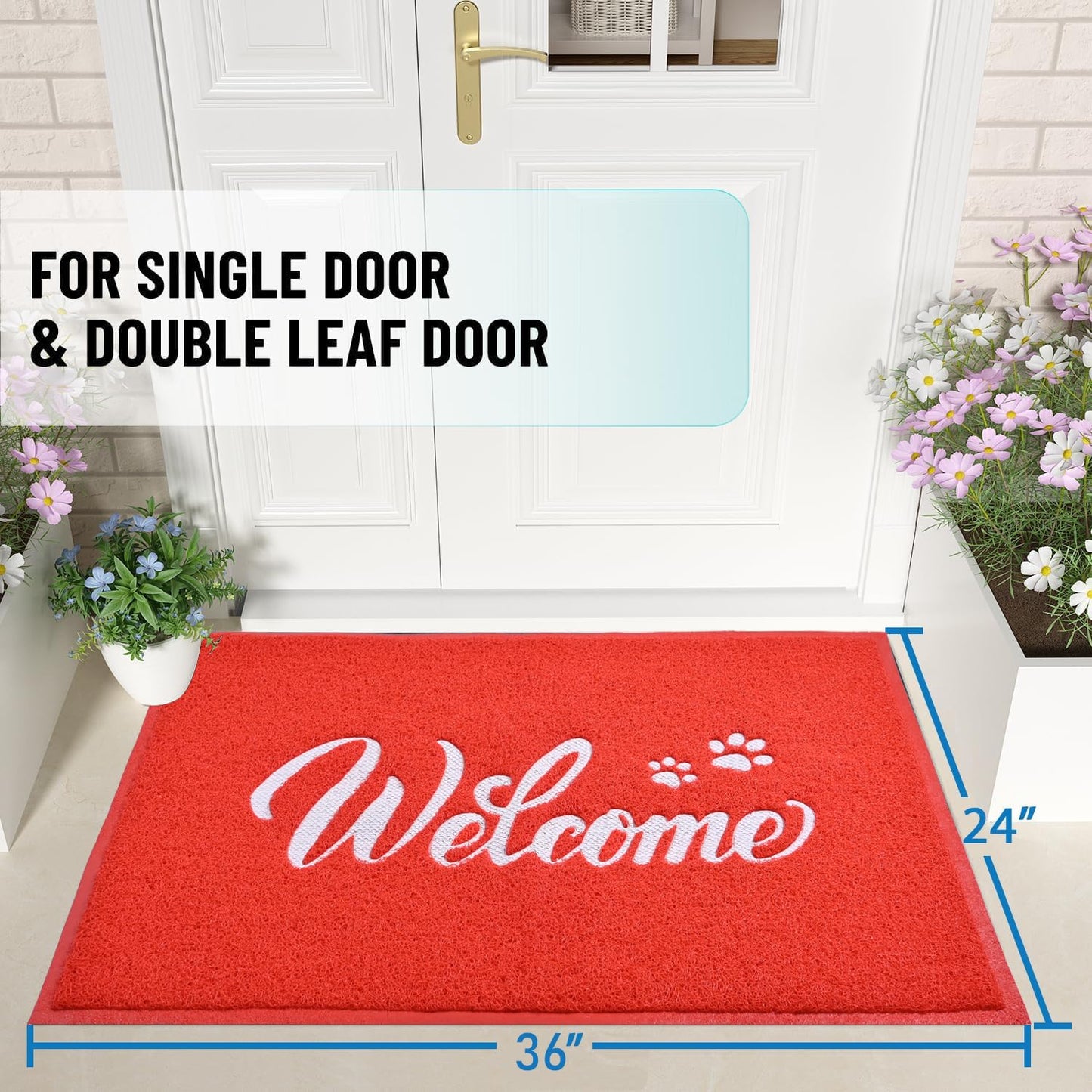 T.HENV Welcome Mat - Outdoor, 36x24 Waterproof All-Season Door Mat, All-Weather Quick Drying, Low Profile, Red-White