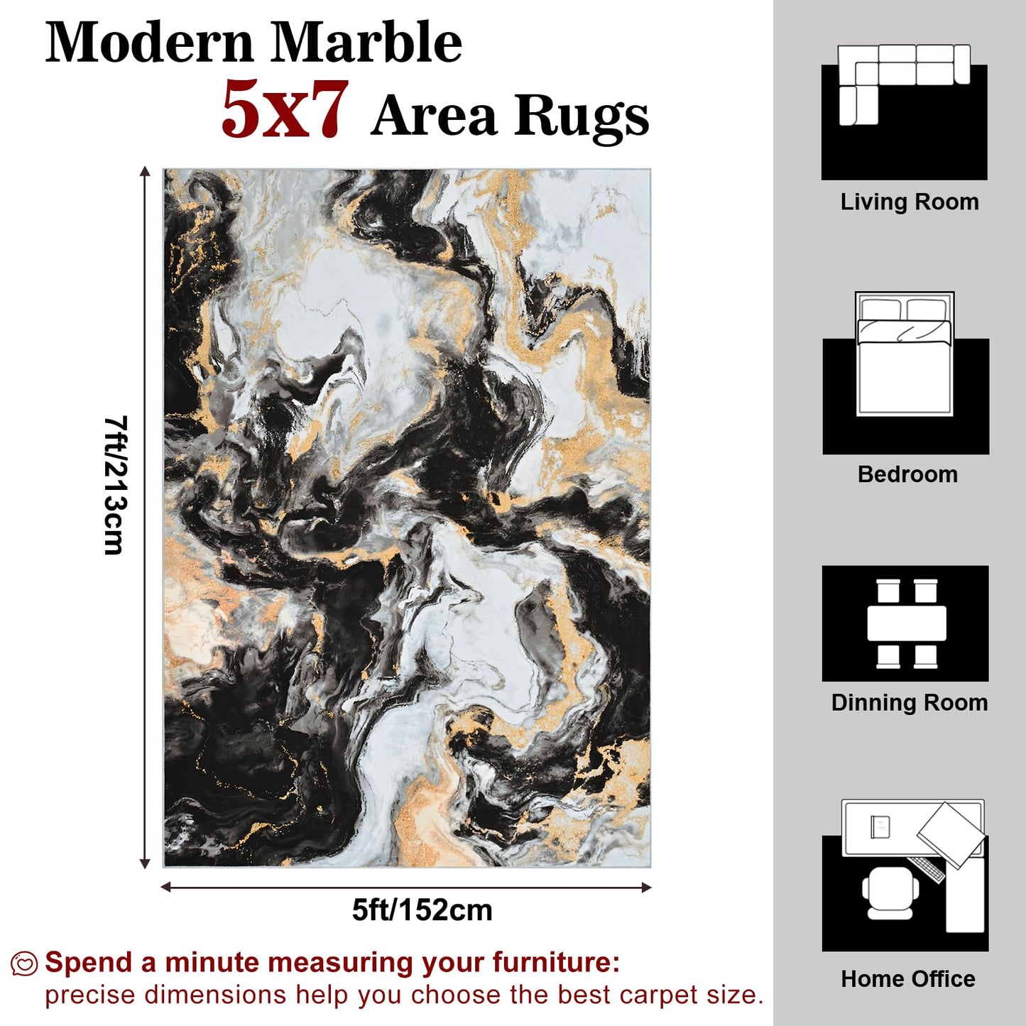Yinhua Washable Rug 5x7, Marble Black and Gold Rugs Non Slip, Abstract Area Rugs Low Pile, Soft Faux Wool Modern Throw Rug Pet Friendly, Contemporary Floor Carpet for Living Room Bedroom Kitchen