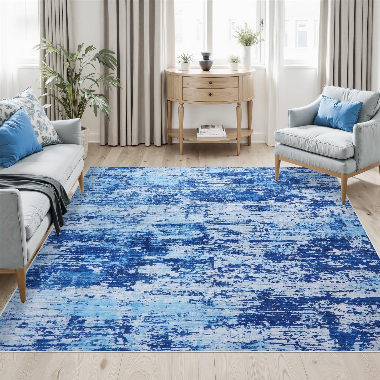 LWYYQB 5x7 Washable Modern Abstract Area Rug: Soft Non-Slip Stain Resistant Indoor Floor Carpet for Living Room Bedroom Dining Room Home Office - Blue