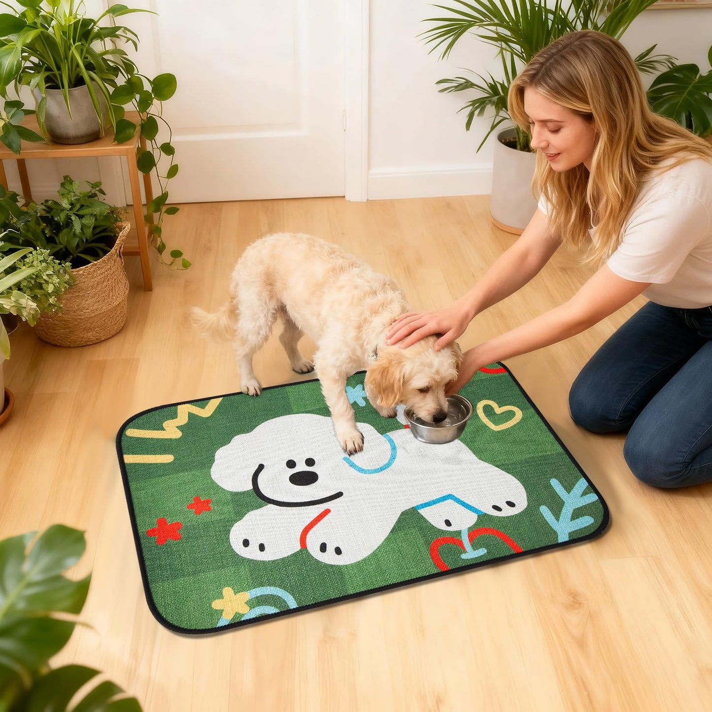 Rarenut Dog Food Mat Absorbent Dog Bowl Mat for Food and Water 24’’x16’’ Linen Dry Dispenser Mat Dog Supplies for Messy Drinkers - Running Puppy