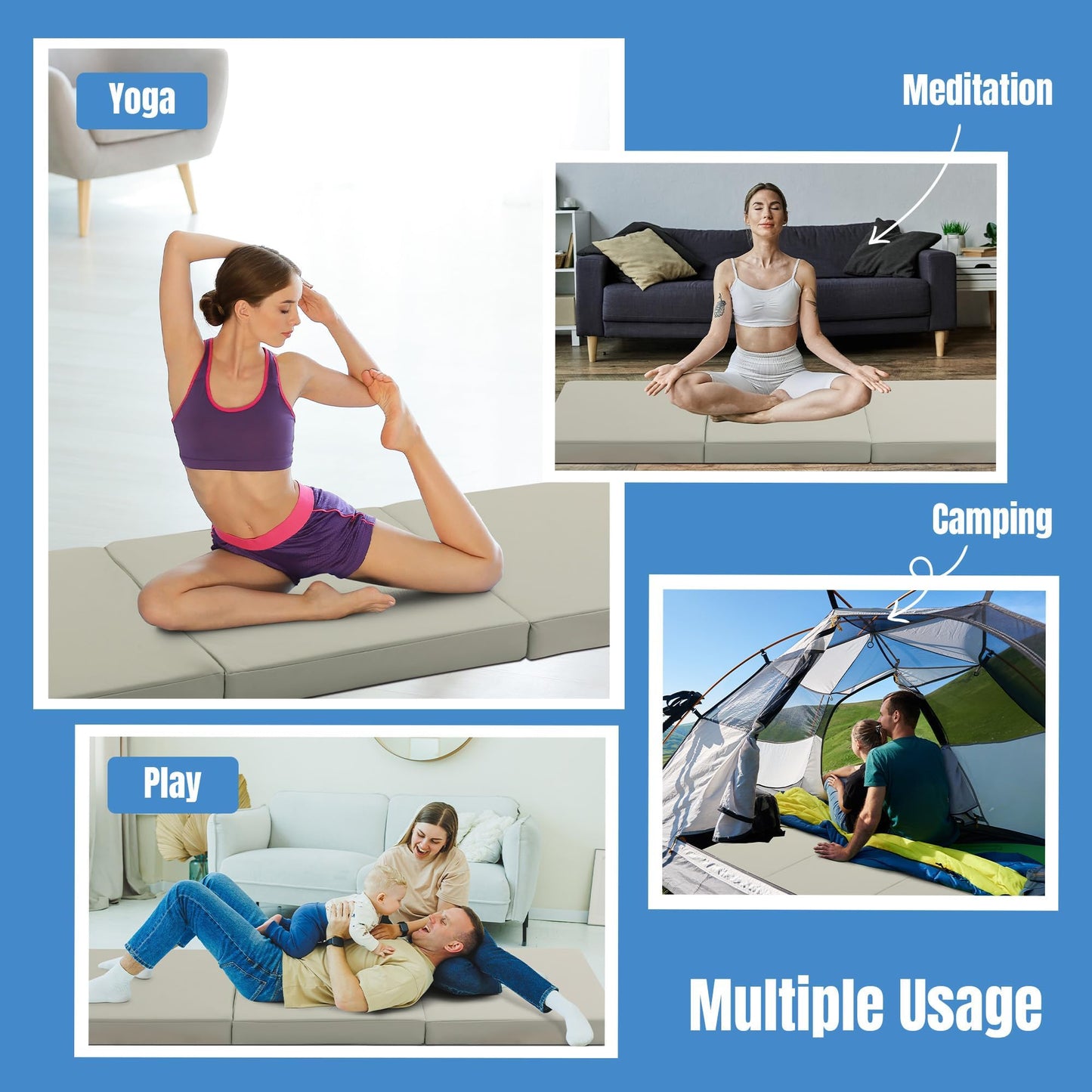 MABOZOO Tri-Fold Exercise Mat, 3'' Thick PU Leather Yoga Mat, 72x24''