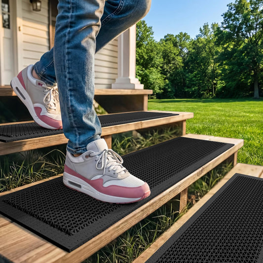 PVC Stair Treads for Wooden Step Outdoor, 8"x30" 5-Pack Self Draining Non Slip Step Covers, Heavy Duty Resistant Exterior Mats for Wood Stairs Fast Water Flow, Anti Slip Rubber-Like Stair Treads Black