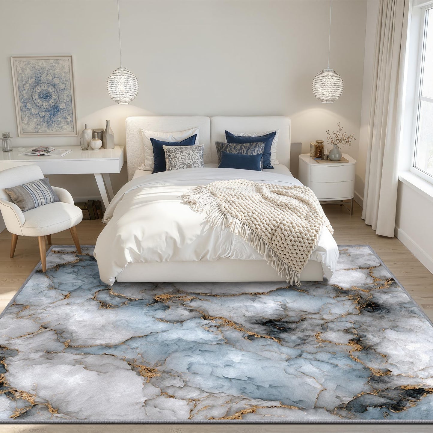 Aquailis Marble Rugs for Living Room - 2x3 Rug, Blue White Gold Marble Area Rug, Modern Abstract Washable Non Slip Soft Rugs, Luxury Agate Carpet, Contemporary Home Decor, Modern Gifts for Women