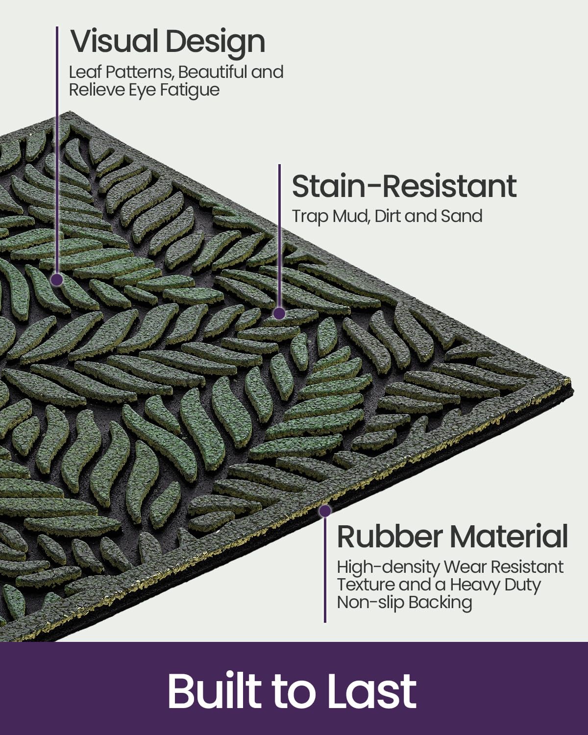 DEXI Front Door Mat Outside Entrance 17x30, Rubber Entry Doormat Heavy Duty Non Slip, Welcome Entryway Mats Dirt Trapping for Exterior Patio Garage, Green Leaves