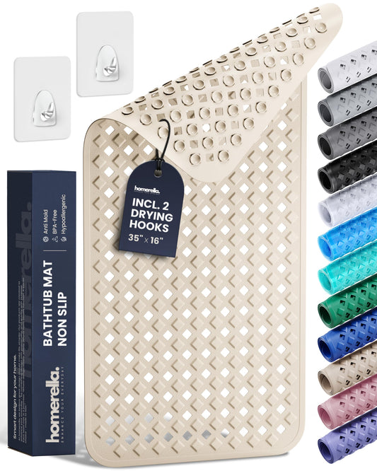 Bathtub Mat Non Slip 35x16 - homerella® Bath Mat Incl. Hooks for Drying, Extra Long, 100% BPA Free, Shower Mat Non Slip Anti Mold, Machine Washable, Shower Mats for Inside Shower Mildew Resistant