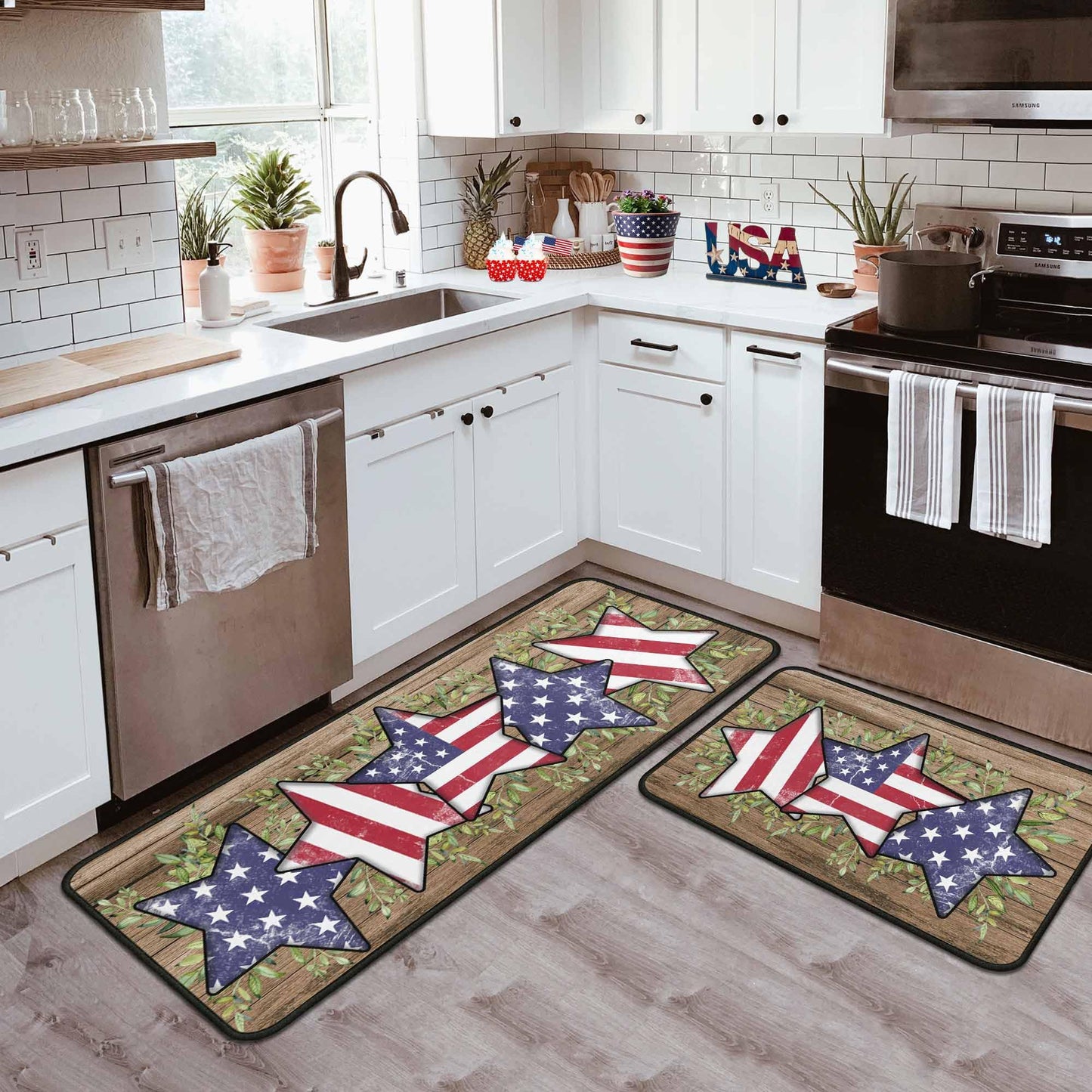 4th of July Kitchen Rugs Set of 2, Blue American Flag Stars Rug Forth of July Decorations Non Slip Backing Patriotic Kitchen Mats for Floor Memorial Day Home Decor (4th of July 2, 17"x47.2"+17"x30")