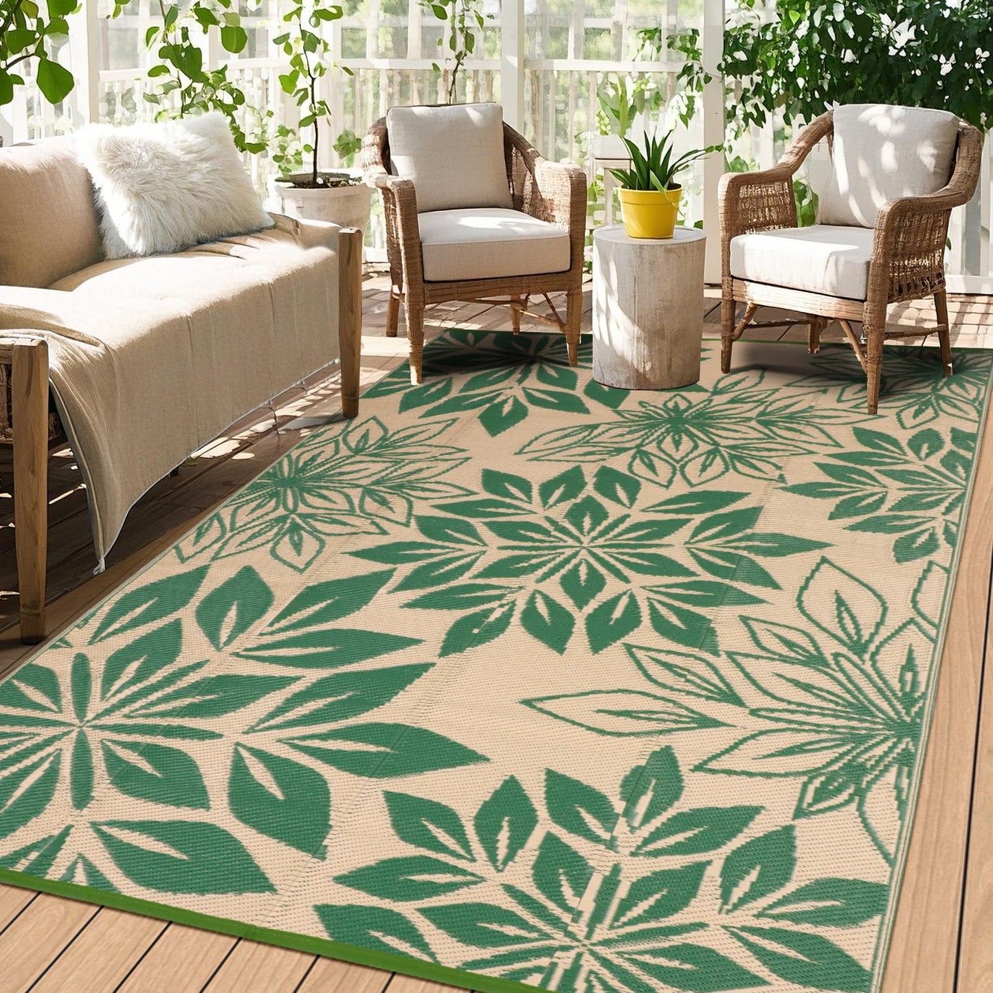 TUKDAK Waterproof Outdoor Rugs 5x8, Green Outdoor Plastic Straw Rug Double-Sided, Fade Resistant Patio Rug, Easy Cleaning RV Camping Mats Outside Carpet Portable for Balcony Porch Garden Deck Picnic