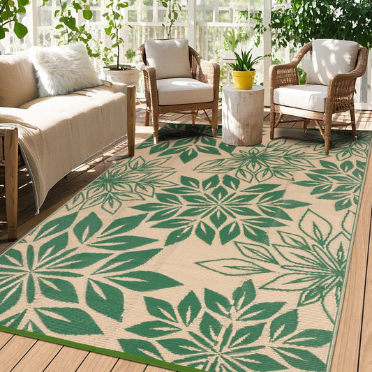 TUKDAK Waterproof Outdoor Rugs 5x8, Green Outdoor Plastic Straw Rug Double-Sided, Fade Resistant Patio Rug, Easy Cleaning RV Camping Mats Outside Carpet Portable for Balcony Porch Garden Deck Picnic