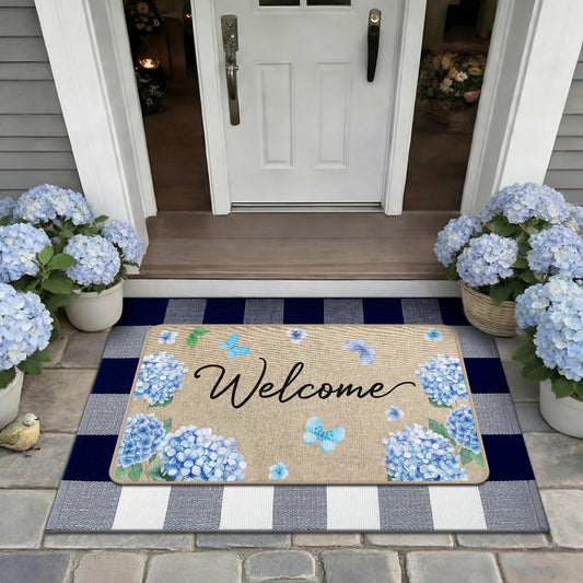 Lyrow 2 Pcs Spring Hydrangea Welcome Doormat and Blue & White Plaid Door Mat Anti-Slip Welcome Floor Mat for Front Door Porch Entryway in/Outdoor Home Entrance Decor, 29 x 17 Inches/ 24 x 35 Inches