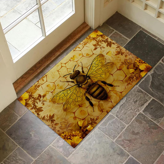 VANZEV Golden Honeybee Indoor Door Mat for Entryway, 17x29.5 Inch, Bee and Floral Floor Doormat for Home Decor, Non-Slip Rug Mat for Living Room, Kitchen, Bedroom, Gifts for Bee Lovers