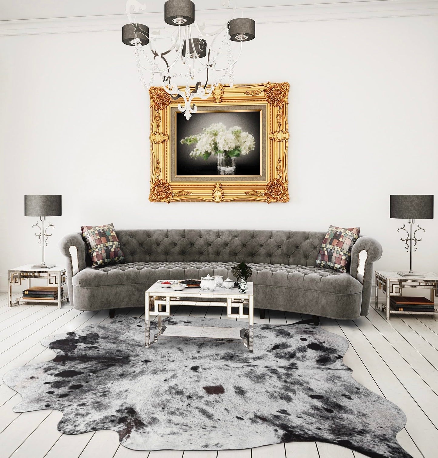 SUNYIWEI Faux Cowhide Rug, 5.2 x 6.2 ft Cowhide Rug for Living Room, Bedroom, Wall - Non-Slip,Gray White Black