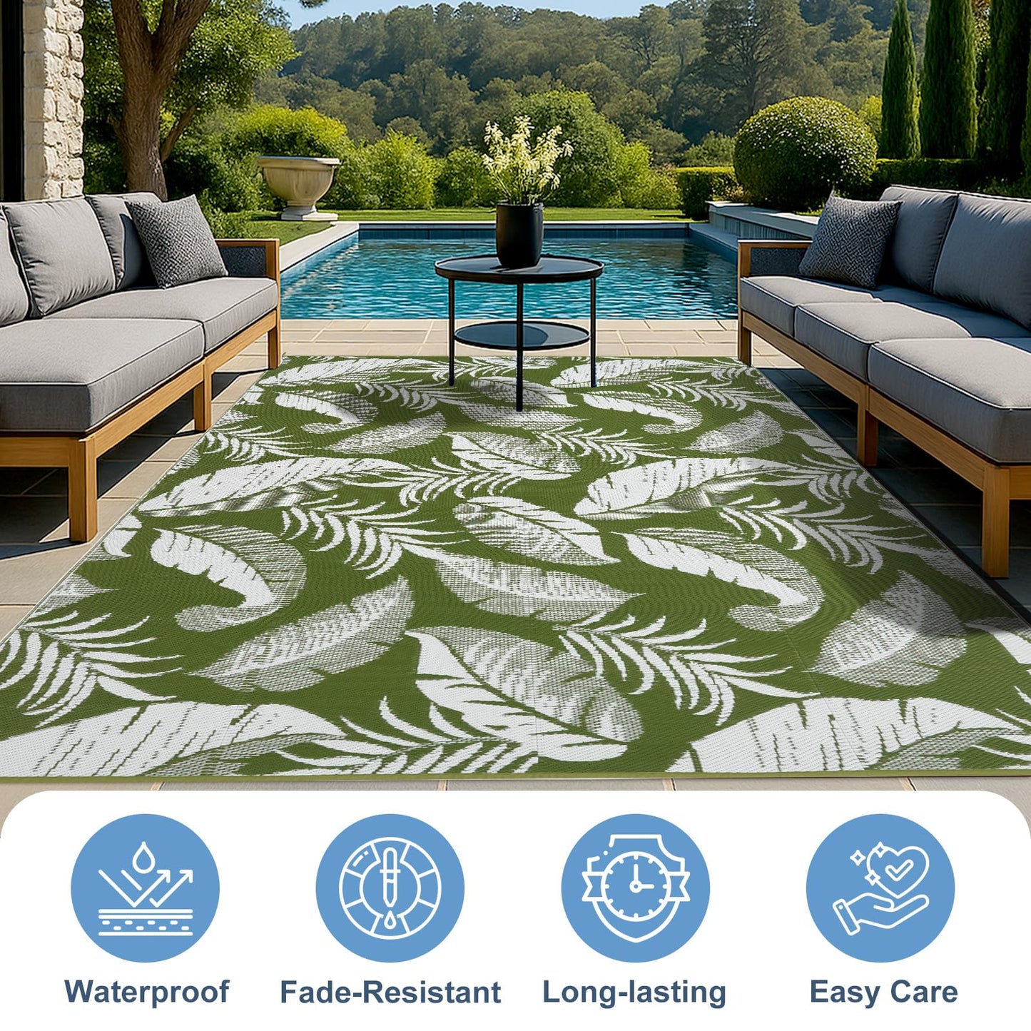 OPPODREAM Reversible Outdoor Rug 5x7, Waterproof Outdoor Plastic Straw Rug for Patio, Tropical Leaf RV Camping Rugs for Outside, Deck, Balcony, Porch, Backyard, Camping, Rv, Green and White