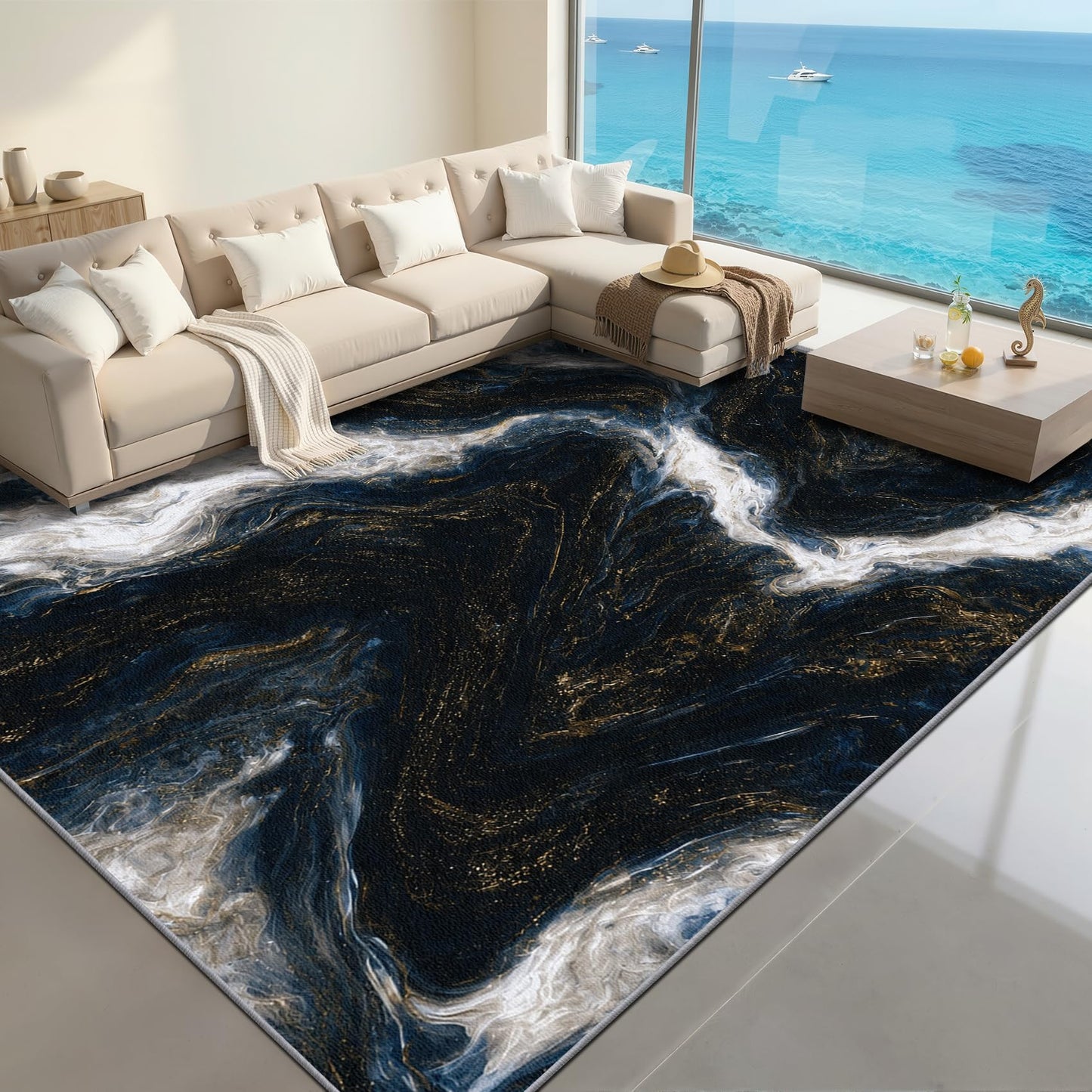 Aquailis Marble Rugs for Living Room - 2x3 Rug, Blue Gold Marble Swirl Area Rug, Abstract Modern Luxury Washable Non Slip Soft Rugs, Contemporary Carpet, Artistic Home Decor, Abstract Art Gifts