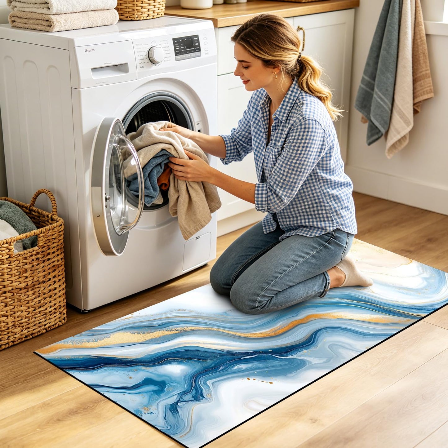 Needa One Kitchen Mat 19.7 x 47.2 Inch Non Slip Kitchen Runner Rug Blue Gold Marble Long Floor Mat for Sink Laundry Hallway Decor