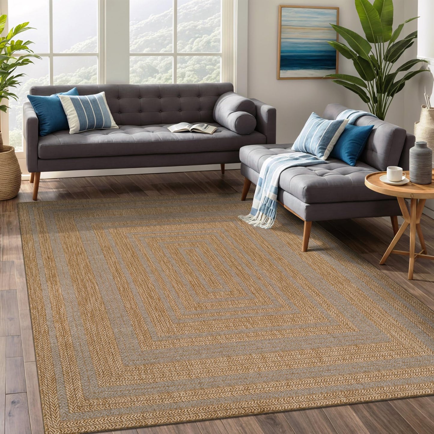 Beverly Rug Easy Jute Framed Border Rug 9x12 Washable Large Indoor Outdoor Area Rugs for Living Dining Room Patio Office Stain Resistant Non Shedding Casual Indoor Outside Carpet 9 x 12 Natural